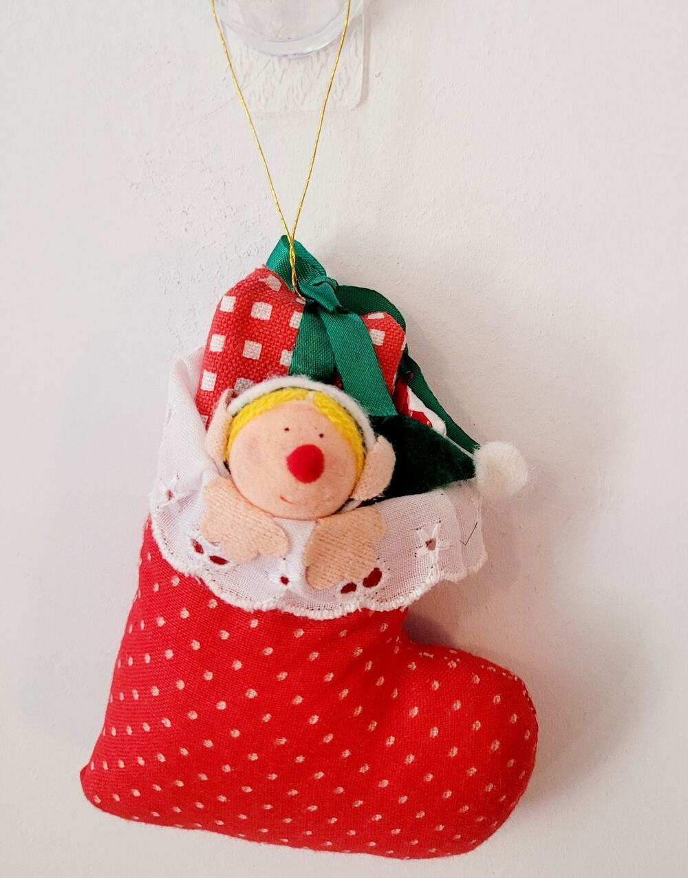 Christmas Stocking Cloth Ornament with Elf and Packages Vintage